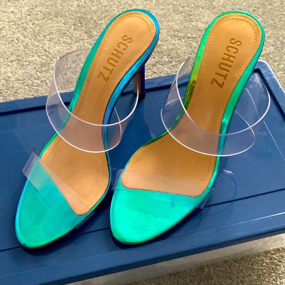 Schutz Ariella Heel in Clear & Blue Holographic, Size 5B